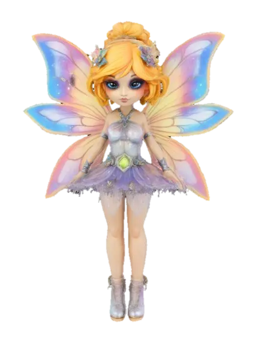 3D model for  a cosmic fairy inspired by simon bisley painting. Chibi art style. She has large wings. dynamic pose. Highly stylized she has a very elaborate couture style, dnd miniature , #fairy#
