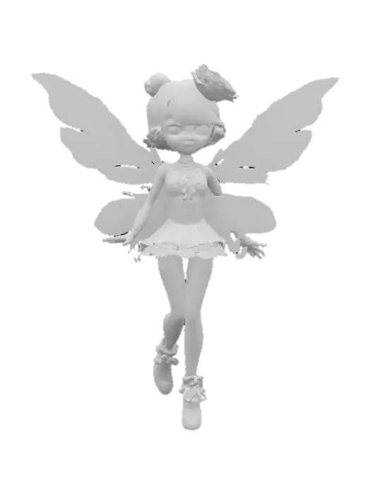 3D model for  a jello fairy. Chibi art style. She has large wings. dynamic pose. Highly stylized, she has a very elaborate couture style, dnd miniature , #fairy#