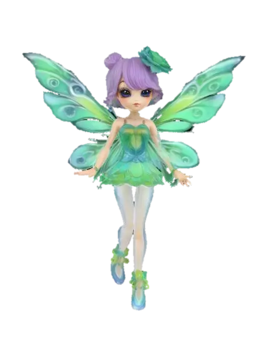 3D model for  a jello fairy. Chibi art style. She has large wings. dynamic pose. Highly stylized, she has a very elaborate couture style, dnd miniature , #fairy#