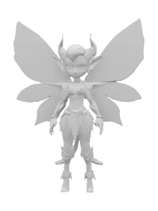 3D model for  a alien fairy inspired by H.R. Giger. Chibi art style. She has large wings. dynamic pose. Highly stylized, she wears alien armor style, dnd miniature , #fairy#