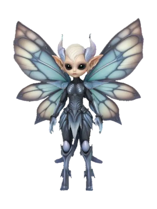 3D model for  a alien fairy inspired by H.R. Giger. Chibi art style. She has large wings. dynamic pose. Highly stylized, she wears alien armor style, dnd miniature , #fairy#
