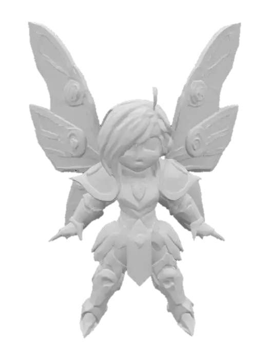 3D model for  a fairy inspired by WarHammer 40k Battle Sisters. Chibi art style. She has large wings. dynamic pose. Highly stylized, dnd miniature , #fairy#