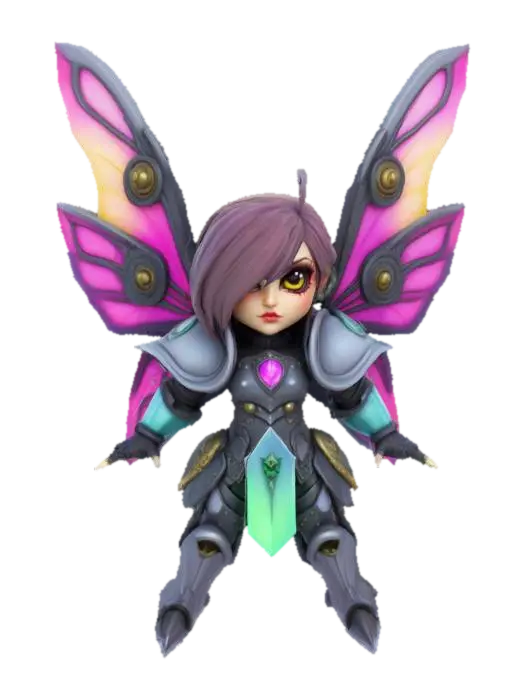 3D model for  a fairy inspired by WarHammer 40k Battle Sisters. Chibi art style. She has large wings. dynamic pose. Highly stylized, dnd miniature , #fairy#