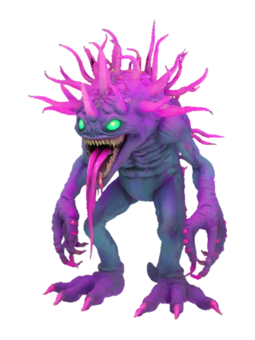 a large evil synthwave garden monster that has glowing eyes and a creepy smile… 3D model, vytvořený pomocí AI