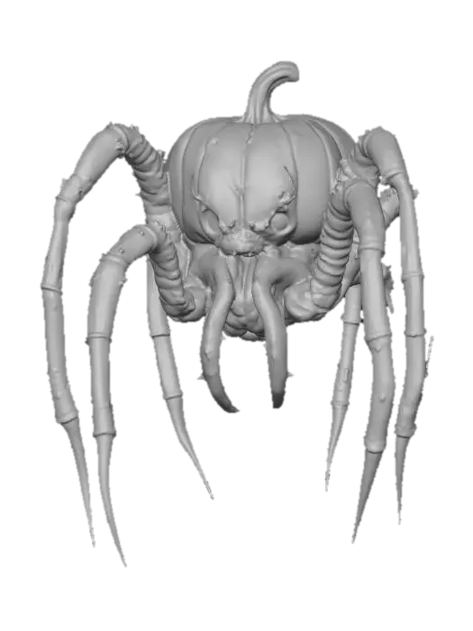 3D model for A world of warcarft Giant Pumpkin Spider character stylized art style, has large fangs, huge long legs, glowing elements on body, dynamic pose, glowing black eyes, Halloween themed colors, Highly stylized, dnd miniature, #Halloween2025#