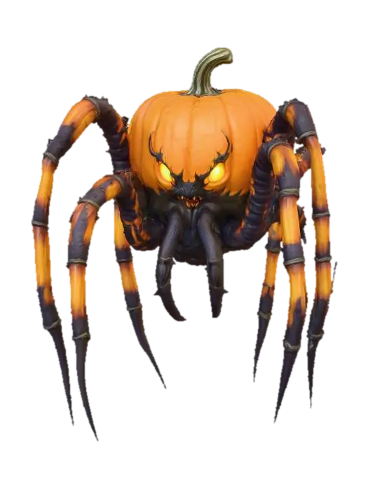 3D model for A world of warcarft Giant Pumpkin Spider character stylized art style, has large fangs, huge long legs, glowing elements on body, dynamic pose, glowing black eyes, Halloween themed colors, Highly stylized, dnd miniature, #Halloween2025#