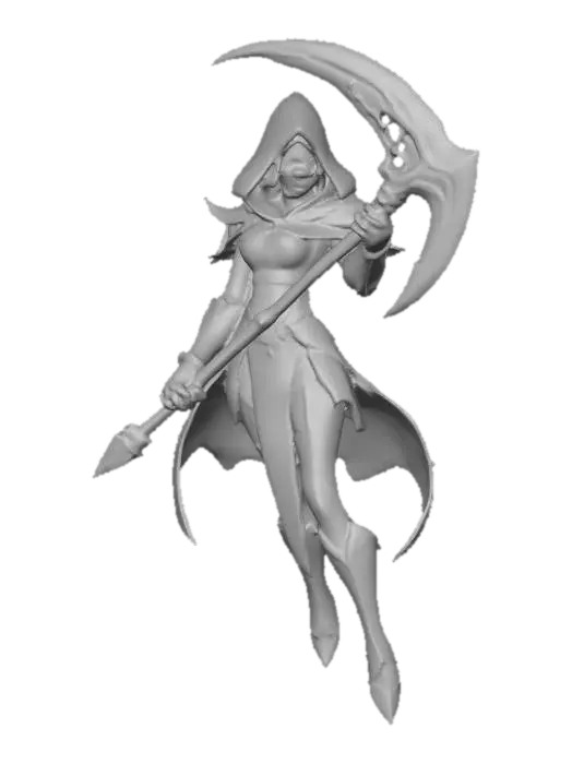 3D model for A world of warcarft female Grim Reaper character, stylized art style. dynamic pose, glowing black eyes, gold and black color scheme, large Scythe with golowing blade, Highly stylized, dnd miniature, #Halloween2025#