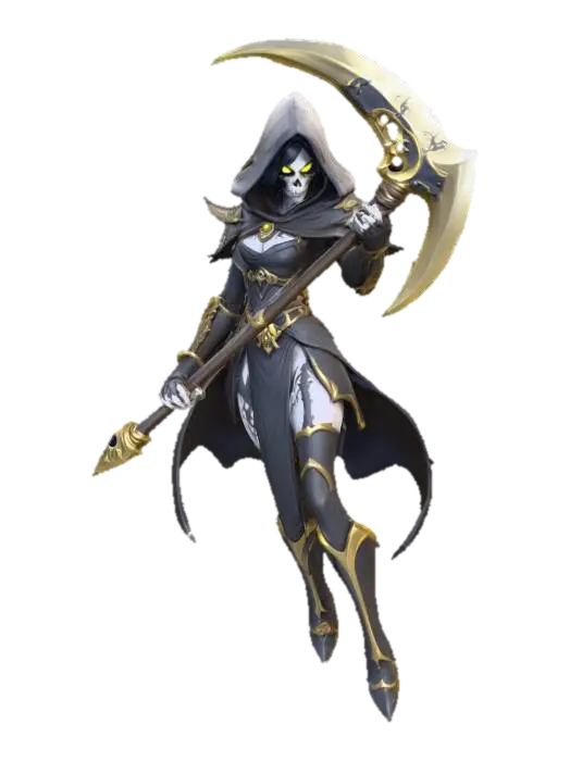 3D model for A world of warcarft female Grim Reaper character, stylized art style. dynamic pose, glowing black eyes, gold and black color scheme, large Scythe with golowing blade, Highly stylized, dnd miniature, #Halloween2025#