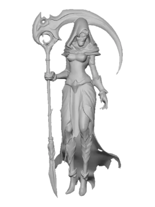 3D model for A world of warcarft female Grim Reaper character, stylized art style. dynamic pose, glowing black eyes, gold and black color scheme, large Scythe with golowing blade, Highly stylized, dnd miniature, #Halloween2025#