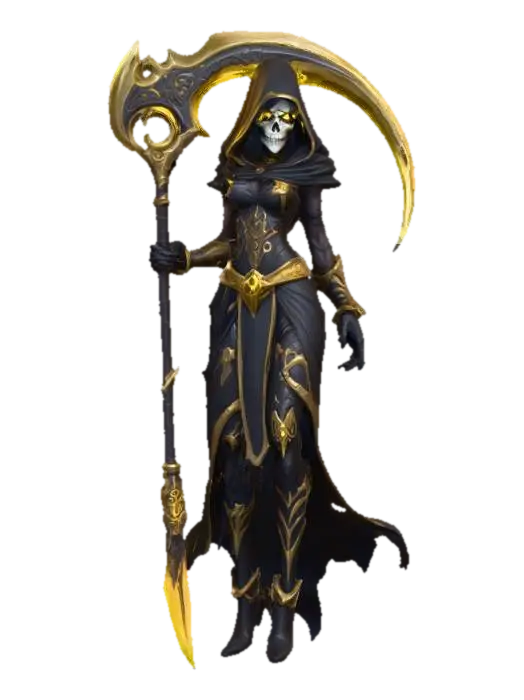 3D model for A world of warcarft female Grim Reaper character, stylized art style. dynamic pose, glowing black eyes, gold and black color scheme, large Scythe with golowing blade, Highly stylized, dnd miniature, #Halloween2025#
