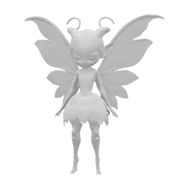 3D model for  a alien fairy inspired by H.R. Giger. Chibi art style. She has large wings. dynamic pose. Highly stylized, she has a very elaborate couture style, dnd miniature , #fairy#