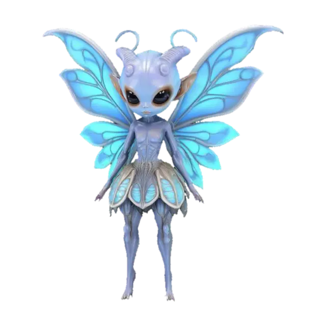 3D model for  a alien fairy inspired by H.R. Giger. Chibi art style. She has large wings. dynamic pose. Highly stylized, she has a very elaborate couture style, dnd miniature , #fairy#