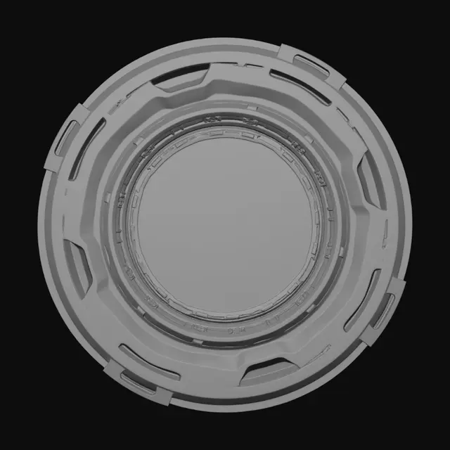 3D model for Minimal futuristic circular portal ring, inspired by NASA spacecraft engineering. Modular paneling, precision mechanical geometry. Matte titanium and brushed steel materials. NO glowing effects, NO baked lighting, NO neon, unlit flat shading, clean topology