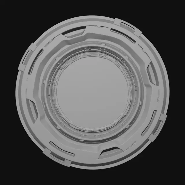 3D model for Minimal futuristic circular portal ring, inspired by NASA spacecraft engineering. Modular paneling, precision mechanical geometry. Matte titanium and brushed steel materials. NO glowing effects, NO baked lighting, NO neon, unlit flat shading, clean topology