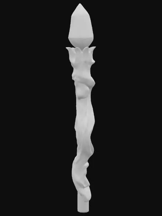 3D model for A mystical mage staff carved from dark, aged wood, with twisted natural grain and a slightly gnarled shape. At the top, roots spiral upward and wrap around a large, vibrant purple crystal, cradling it like a sacred heart. The crystal glows faintly with arcane energy. Intricate glowing purple runes are etched down the length of the staff, pulsing softly with magical power. The design feels ancient and powerful—crafted deep within an enchanted forest by a nature-bound mage. The overall aesthetic is mythical, mysterious, and deeply magical. Stylized, detailed, symmetrical. Full object, ideal for fantasy character gear or VRChat accessory.
