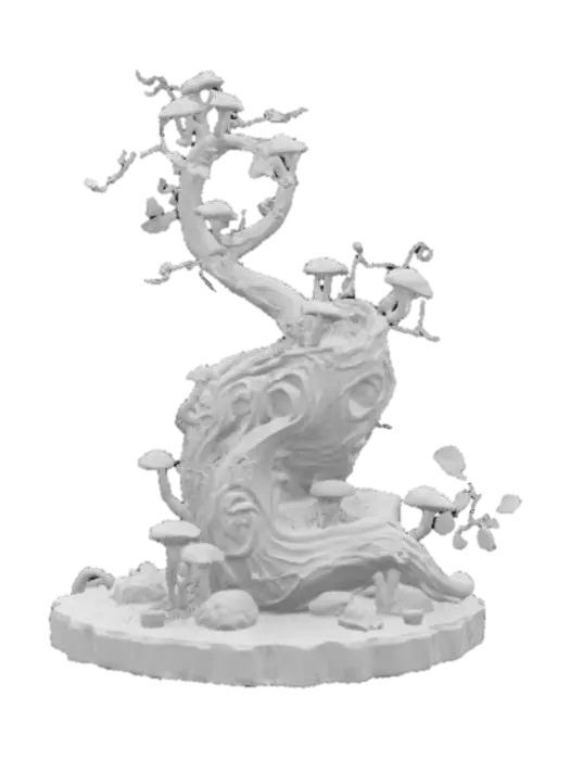 3D model for A beautifully ornate plant pot with a twisting, spiraling design as if grown from enchanted roots. The body of the pot is covered in intricate curling vines, tiny mushrooms sprouting from its edges, and delicate fairy-like carvings. The spirals flow upward like a magical helix, with tiny windows and archways as if tiny woodland fairies live inside. The surface texture combines polished natural wood with shimmering bioluminescent accents and glistening dew drops. Small crystal clusters peek from the spirals, glowing softly in pastel hues of lavender, teal, and gold. The rim of the pot has leaf-like flares curling outward, and subtle runic engravings glow faintly as if infused with forest magic. Highly detailed, whimsical, and fantastical with a mystical mushroom fairy kingdom aesthetic.