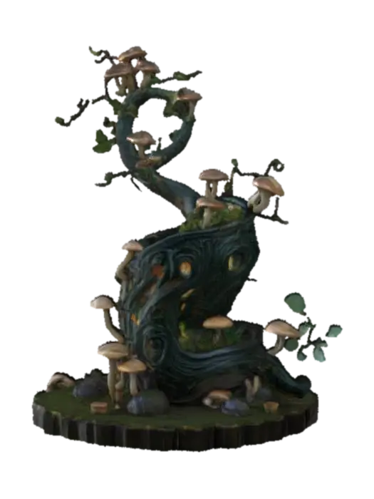 3D model for A beautifully ornate plant pot with a twisting, spiraling design as if grown from enchanted roots. The body of the pot is covered in intricate curling vines, tiny mushrooms sprouting from its edges, and delicate fairy-like carvings. The spirals flow upward like a magical helix, with tiny windows and archways as if tiny woodland fairies live inside. The surface texture combines polished natural wood with shimmering bioluminescent accents and glistening dew drops. Small crystal clusters peek from the spirals, glowing softly in pastel hues of lavender, teal, and gold. The rim of the pot has leaf-like flares curling outward, and subtle runic engravings glow faintly as if infused with forest magic. Highly detailed, whimsical, and fantastical with a mystical mushroom fairy kingdom aesthetic.