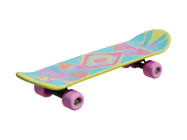 a skateboard. old school. 80s. Vaporwave aesthetic. neon wheels. 3D model, vytvořený pomocí AI