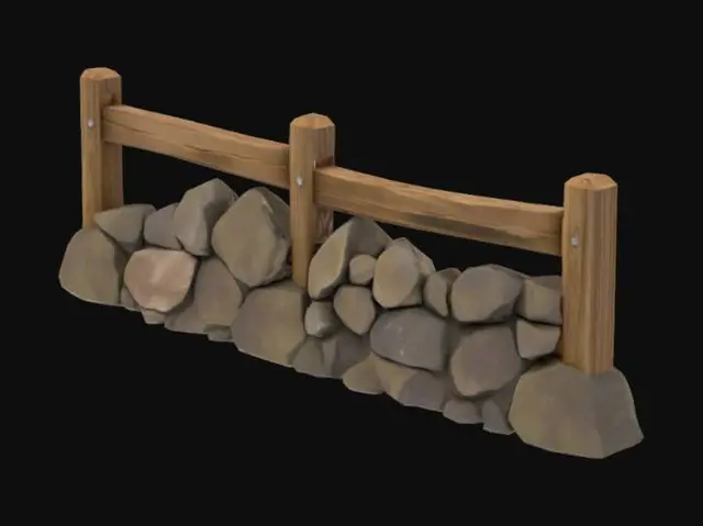 3D model for Wooden Fence with Stone Barrier, #arch#