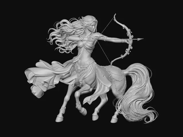 3D model for Female Sagittarius centaur with long flowing dark hair wearing a soft, flowing, sparkling dress-like garment and holding a golden bow and arrow and having golden hooves and a long, flowing dark tail.
