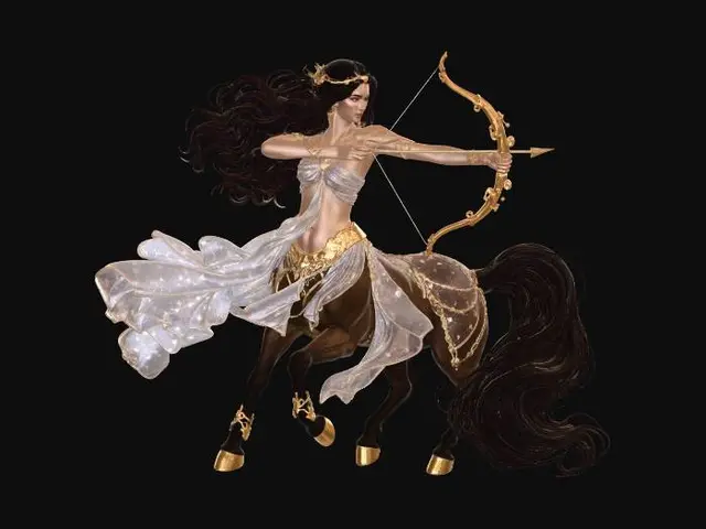 3D model for Female Sagittarius centaur with long flowing dark hair wearing a soft, flowing, sparkling dress-like garment and holding a golden bow and arrow and having golden hooves and a long, flowing dark tail.