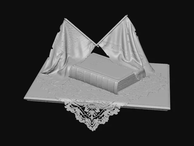 3D model for Union and Confederate flags crossed over the top of a Holy Bible lying on a table covered with a red, white, and blue lace tablecloth.