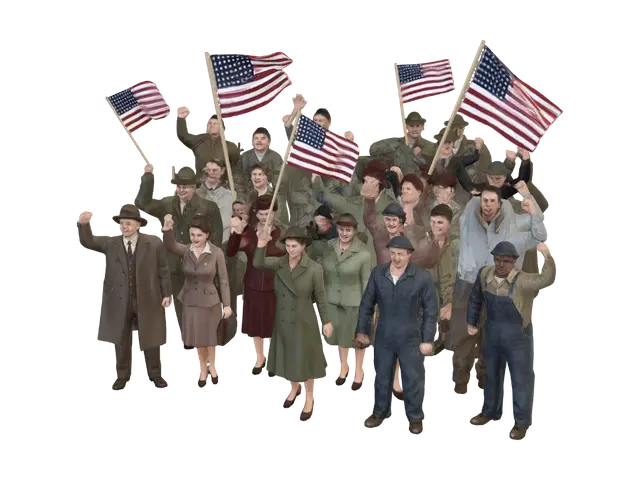 Create a photorealistic, lifelike 3D image of a group of men and women cheering and… - Flags 3D-model, gegenereerd door AI