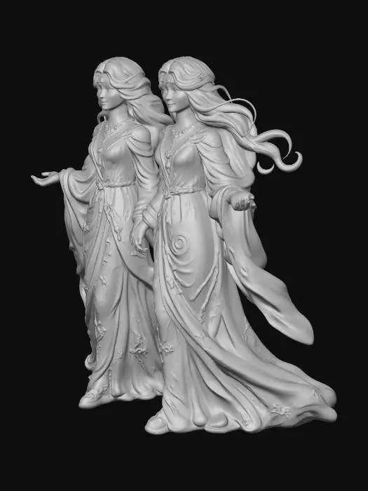3D model for Mystic identical twins standing on a river of stars and stardust and nebula cloud surrounded by stardust.