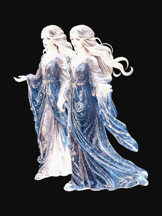 3D model for Mystic identical twins standing on a river of stars and stardust and nebula cloud surrounded by stardust.