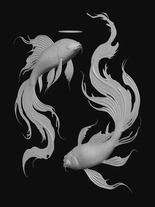 3D model for Mystical, magical Koi fish twins swimming in a pool of stars, mists, sprays and swirls of stars and nebula clouds.