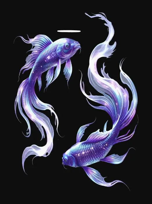 3D model for Mystical, magical Koi fish twins swimming in a pool of stars, mists, sprays and swirls of stars and nebula clouds.
