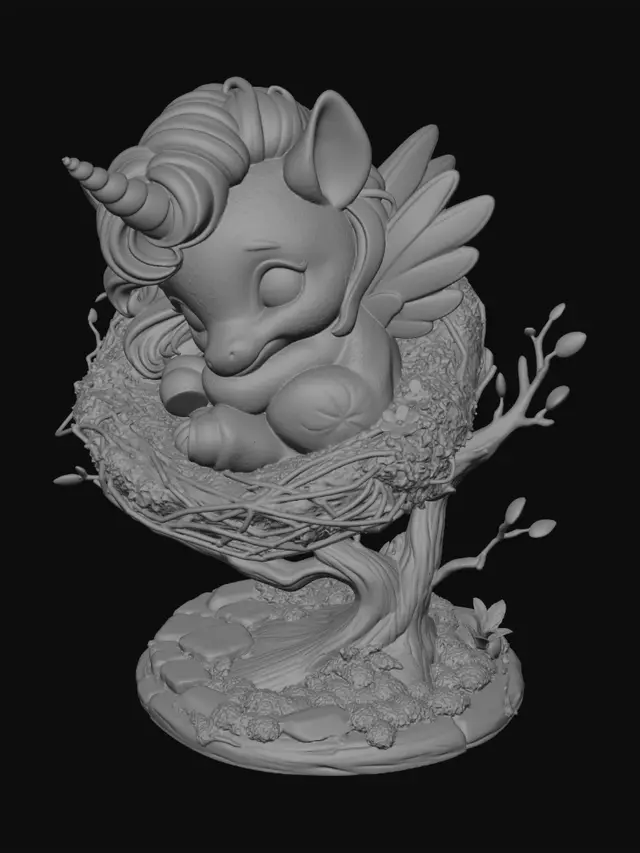 3D model for A pastel rainbow colored baby winged unicorn snuggled into a nest on a floor-mounted branch.