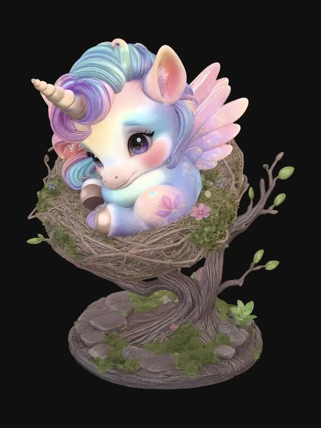 3D model for A pastel rainbow colored baby winged unicorn snuggled into a nest on a floor-mounted branch.