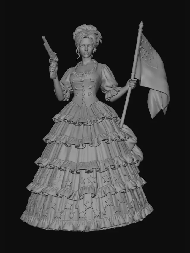3D model for Create a 3D image of a beautiful young woman who is wearing a four tiered skirt, the first tier being blue with white ruffles, the second tier being red with white ruffles, the third tier being blue and white striped with white ruffles and the fourth tier being blue with white stars and red ruffles; the skirt is bustled in the back and she is wearing a white blouse with a red vest that has star shaped buttons. The young woman is carrying a 1700s hand gun in her right hand and the 1776 American flag on a pole in her left hand and she has dark auburn hair pulled up on her head with a red, white and blue ribbon and she is from the 1700s. Create her on a transparent background with equal lighting on all sides and no shadows.