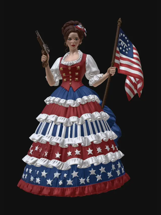 3D model for Create a 3D image of a beautiful young woman who is wearing a four tiered skirt, the first tier being blue with white ruffles, the second tier being red with white ruffles, the third tier being blue and white striped with white ruffles and the fourth tier being blue with white stars and red ruffles; the skirt is bustled in the back and she is wearing a white blouse with a red vest that has star shaped buttons. The young woman is carrying a 1700s hand gun in her right hand and the 1776 American flag on a pole in her left hand and she has dark auburn hair pulled up on her head with a red, white and blue ribbon and she is from the 1700s. Create her on a transparent background with equal lighting on all sides and no shadows.