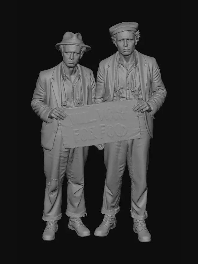 3D model for Create a photo-realistic, life-like, 3D image of two impoverished men from 1929 holding a sign that says  WILL WORK FOR FOOD both wearing clothing from 1929 and worn out boots from 1929 and show the image from head to toe on a transparent background.