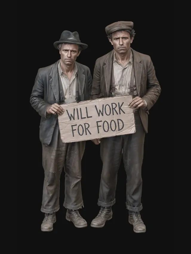 3D model for Create a photo-realistic, life-like, 3D image of two impoverished men from 1929 holding a sign that says  WILL WORK FOR FOOD both wearing clothing from 1929 and worn out boots from 1929 and show the image from head to toe on a transparent background.