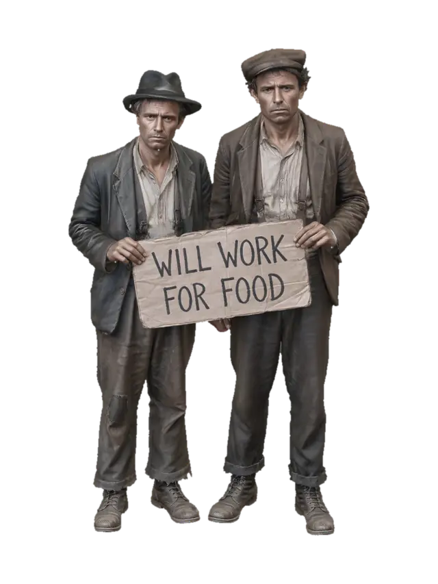 Create a photo-realistic, life-like, 3D image of two impoverished men from 1929 holding… 3D model, vytvořený pomocí AI