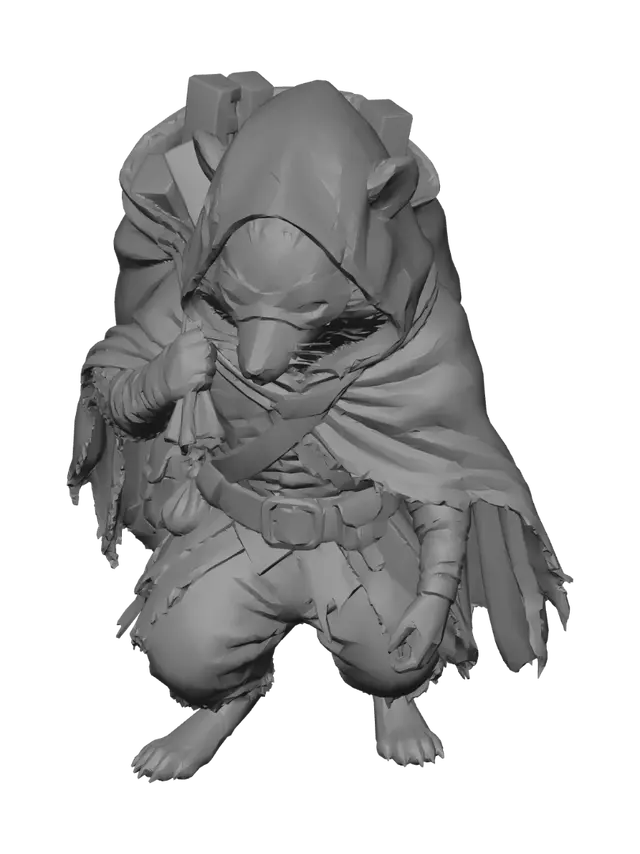 3D model for Create a photorealistic, lifelike, 3D image of a fantasy style bandit wearing a mask over his face and carrying a bag of steel ingots, the little bandit looks somewhat like a raccoon.  Set it on a transparent background.