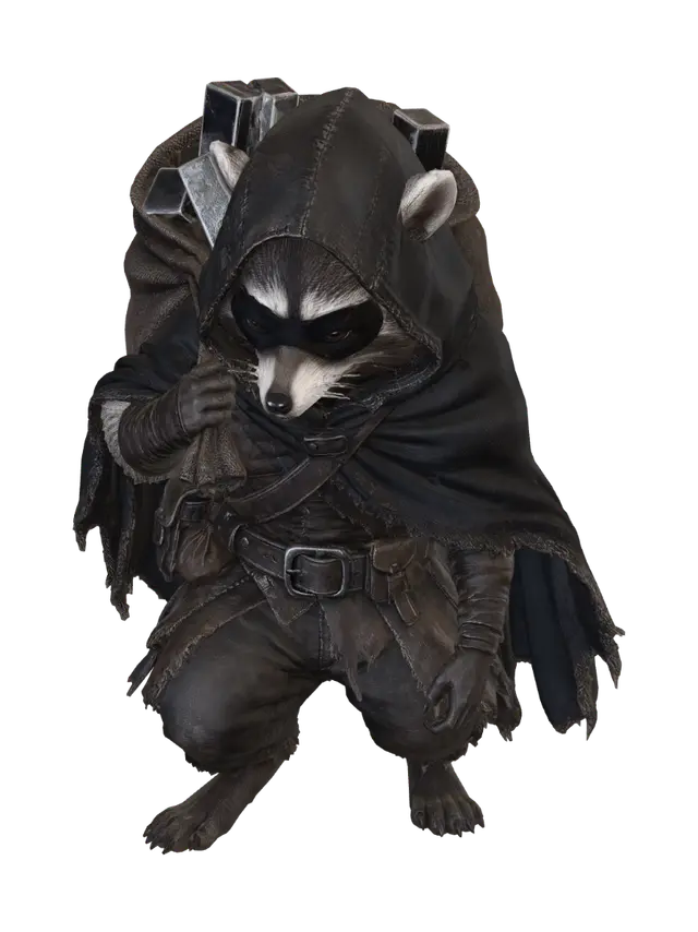 3D model for Create a photorealistic, lifelike, 3D image of a fantasy style bandit wearing a mask over his face and carrying a bag of steel ingots, the little bandit looks somewhat like a raccoon.  Set it on a transparent background.