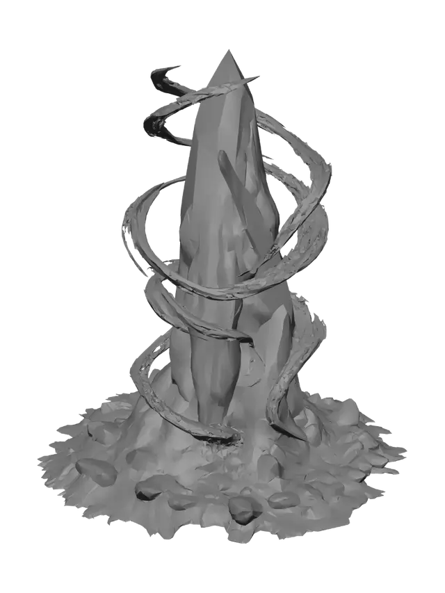 3D model for Create a photorealistic, 3D image of a very tall diamond and lava megalith with wind, fire, and water swirling around it as it has thrust up out of the ground and lava rocks. Set it on a transparent background