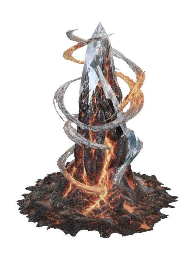 3D model for Create a photorealistic, 3D image of a very tall diamond and lava megalith with wind, fire, and water swirling around it as it has thrust up out of the ground and lava rocks. Set it on a transparent background