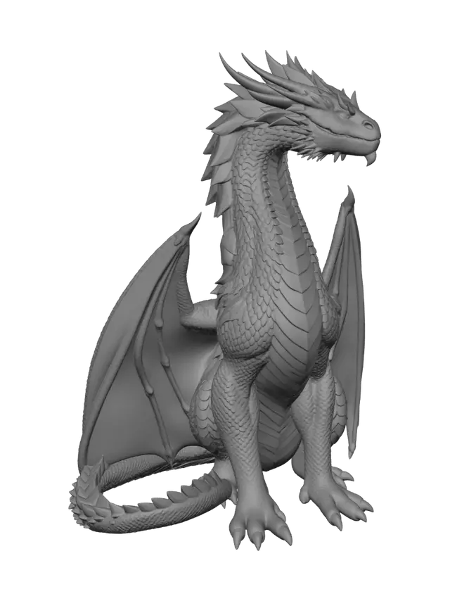 3D model for Create a photorealistic, 3D image of a gold and black dragon sitting up tall and proud, looking down with a judgmental expression, and place it on a transparent background.