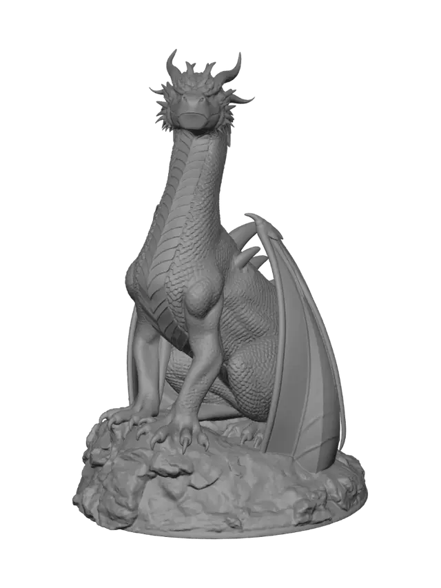 3D model for Create a photorealistic, 3D image of a gold dragon, sitting tall and proud, looking down with a judgmental expression, and place it on a transparent background.