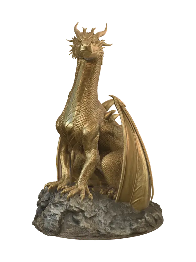 3D model for Create a photorealistic, 3D image of a gold dragon, sitting tall and proud, looking down with a judgmental expression, and place it on a transparent background.
