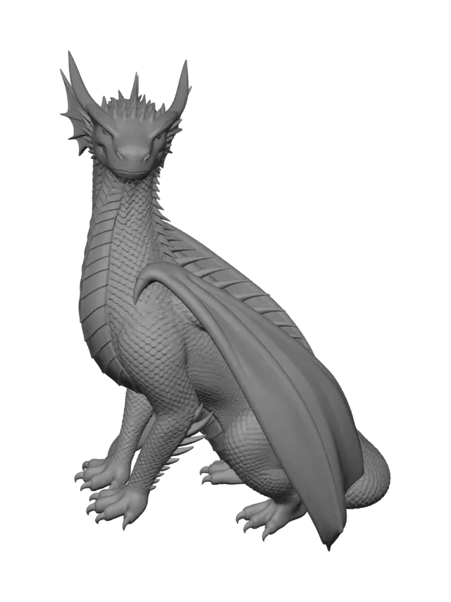 3D model for Create a photorealistic, 3D image of a iridescent dragon, sitting tall and proud, looking down with a judgmental expression, and place it on a transparent background.