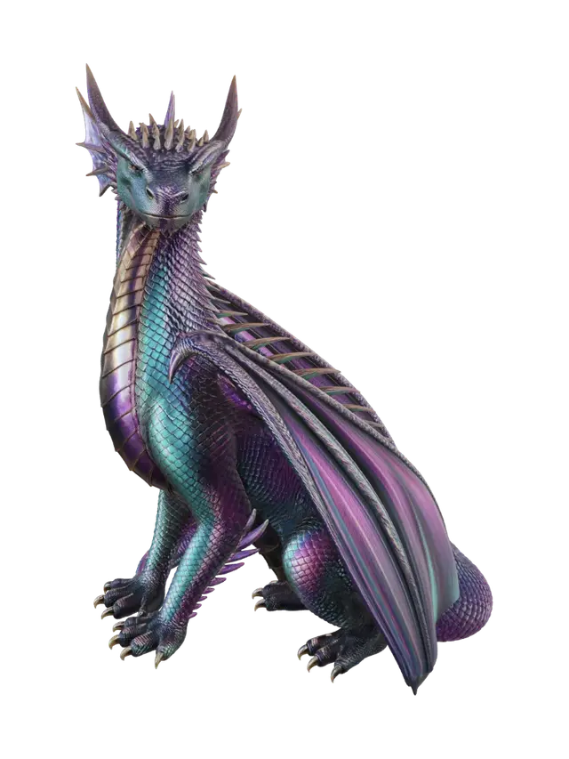 3D model for Create a photorealistic, 3D image of a iridescent dragon, sitting tall and proud, looking down with a judgmental expression, and place it on a transparent background.