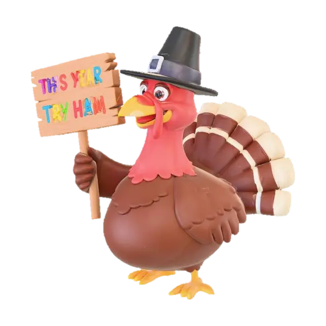 Turkey in Pilgrim hat carrying a sign that says "This Year Try Ham" 3D model, vytvořený pomocí AI