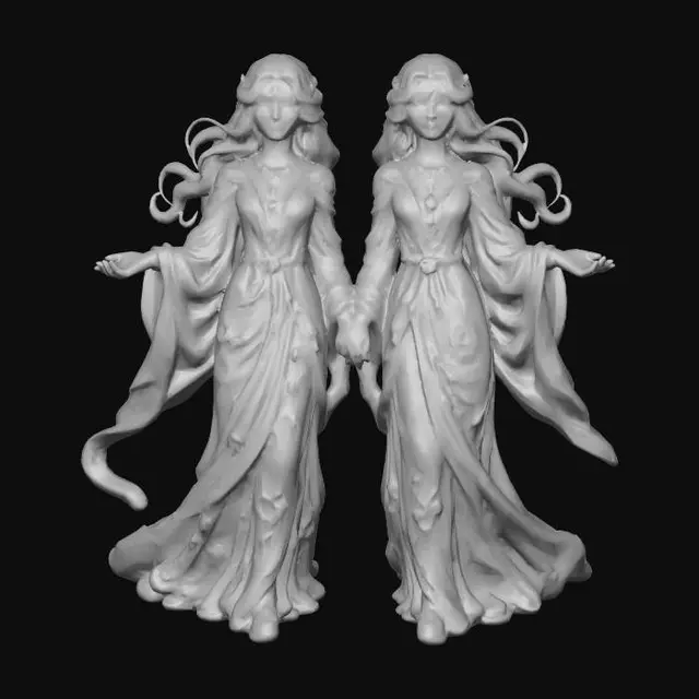 3D model for Mystic identical twins standing on a river of stars and stardust and nebula cloud surrounded by stardust.