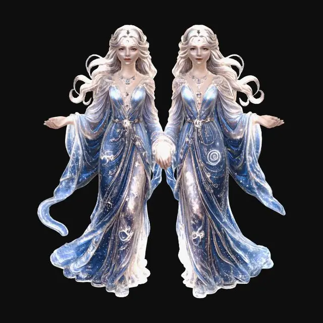 3D model for Mystic identical twins standing on a river of stars and stardust and nebula cloud surrounded by stardust.